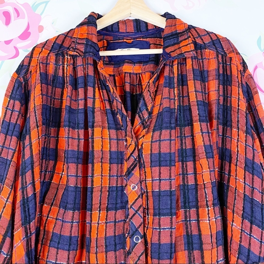 NEW Free People Orange Lela Plaid Oversized Metallic Tunic Top XS - Picture 4 of 12